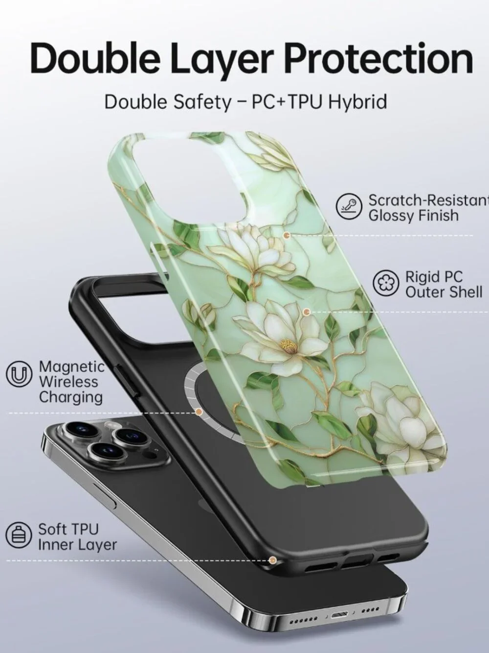 Elegant Green Floral Stained Glass iPhone 15 Pro Case, Slim & Shockproof